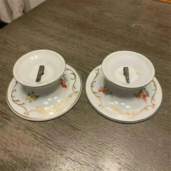 Union T Porcelain Candle Holders Floral Gold Detailing Pair Antique circa 1920 - Picture 1 of 6